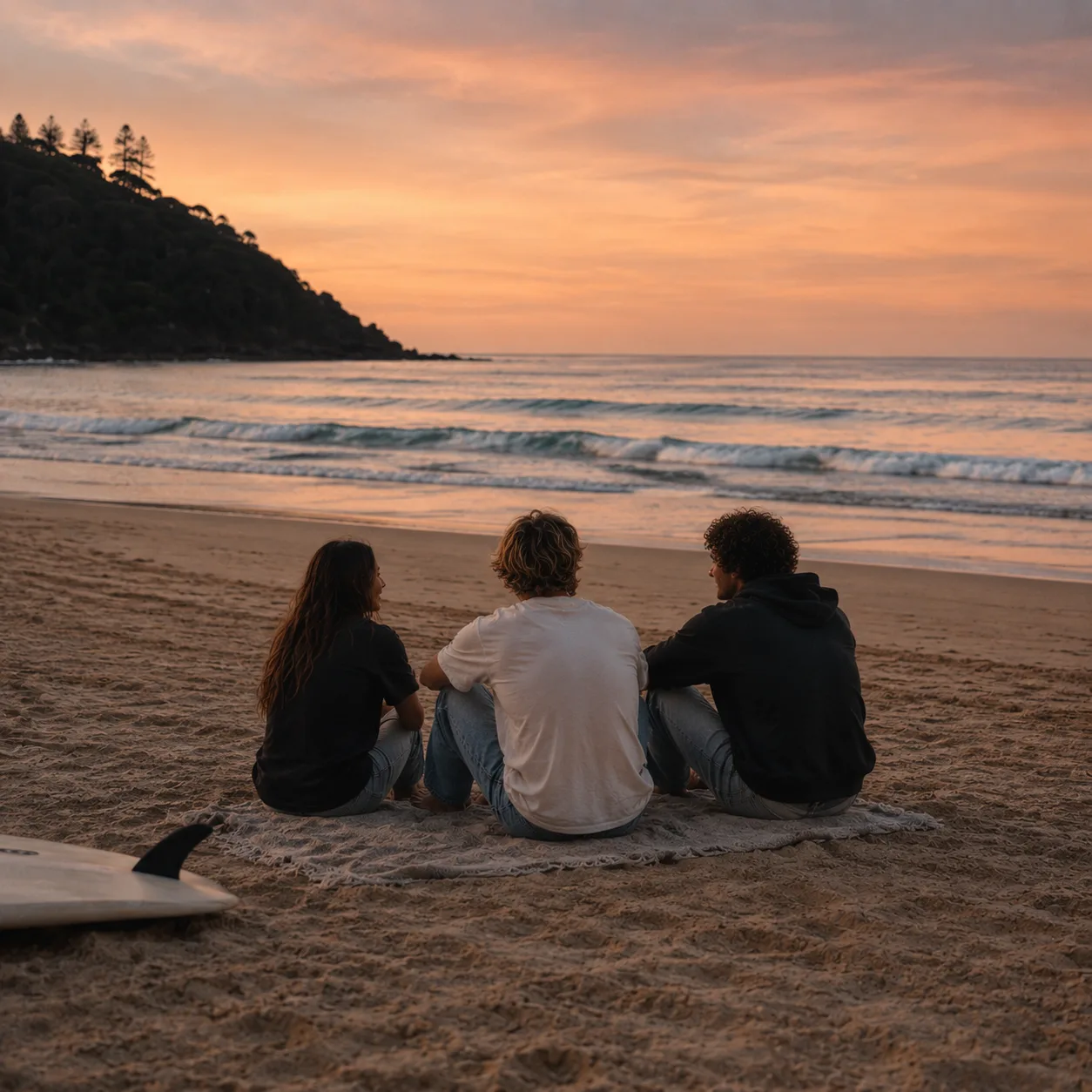 Three friends sitting on a blanket at Burleigh Heads watching the sun go down over the surf, a board beside them