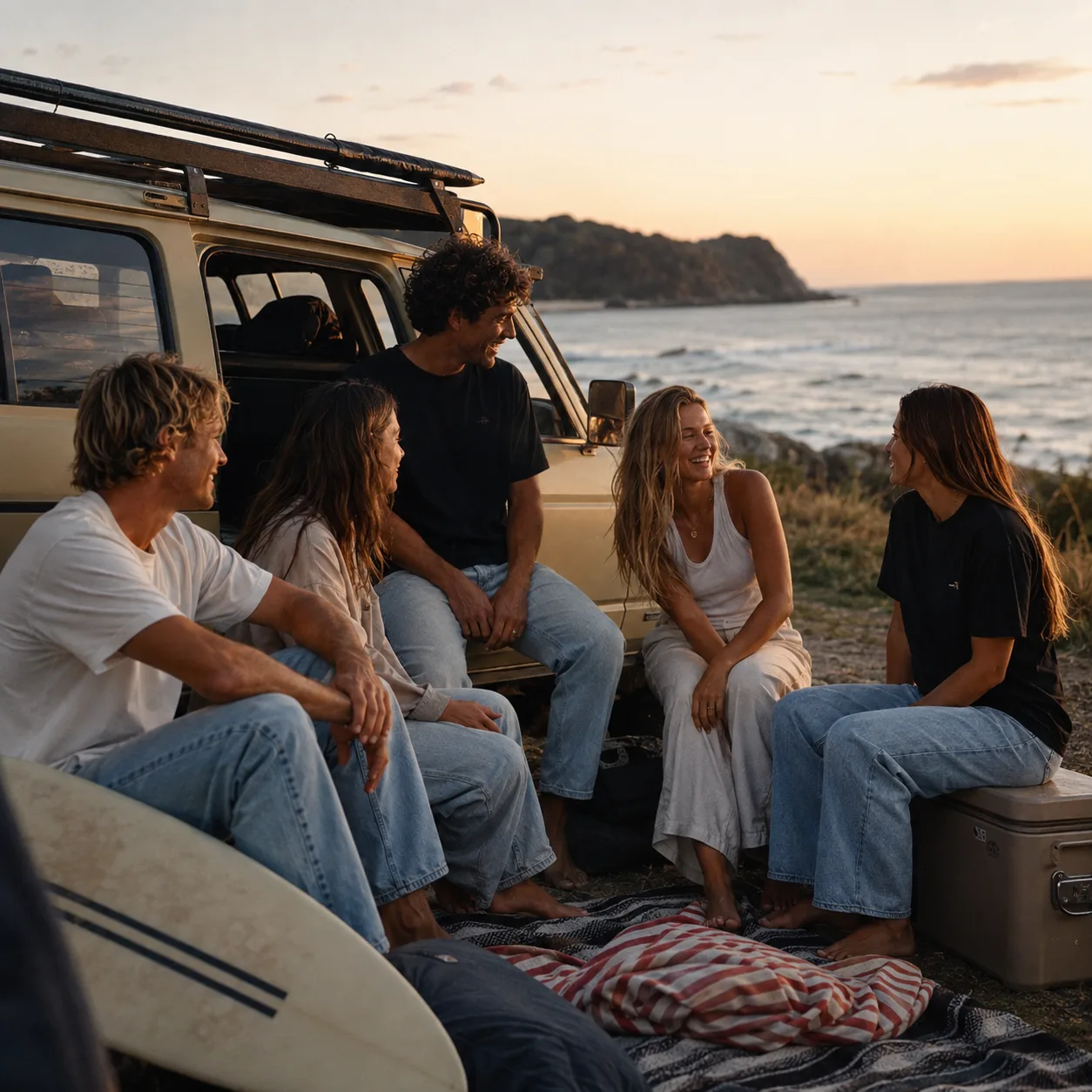 Five friends sitting around a tailgate above the break at Burleigh Heads at sunset, wearing 28° South