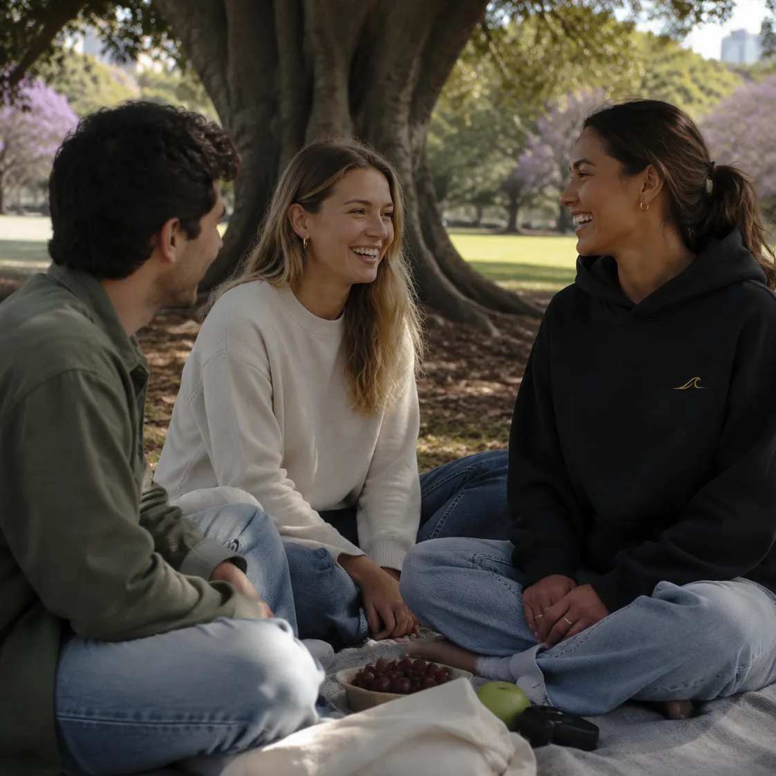 Three friends laughing over a picnic beneath a Moreton Bay fig in a Brisbane park, jacarandas and the city skyline behind them. One wears a black 28° South hoodie with the gold wave mark on the chest.