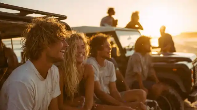 A group of friends laughing on a beach at golden hour, wearing premium Sunny apparel. They are part of the Sunny Link™ community, enjoying exclusive group rewards and secret event access across Queensland