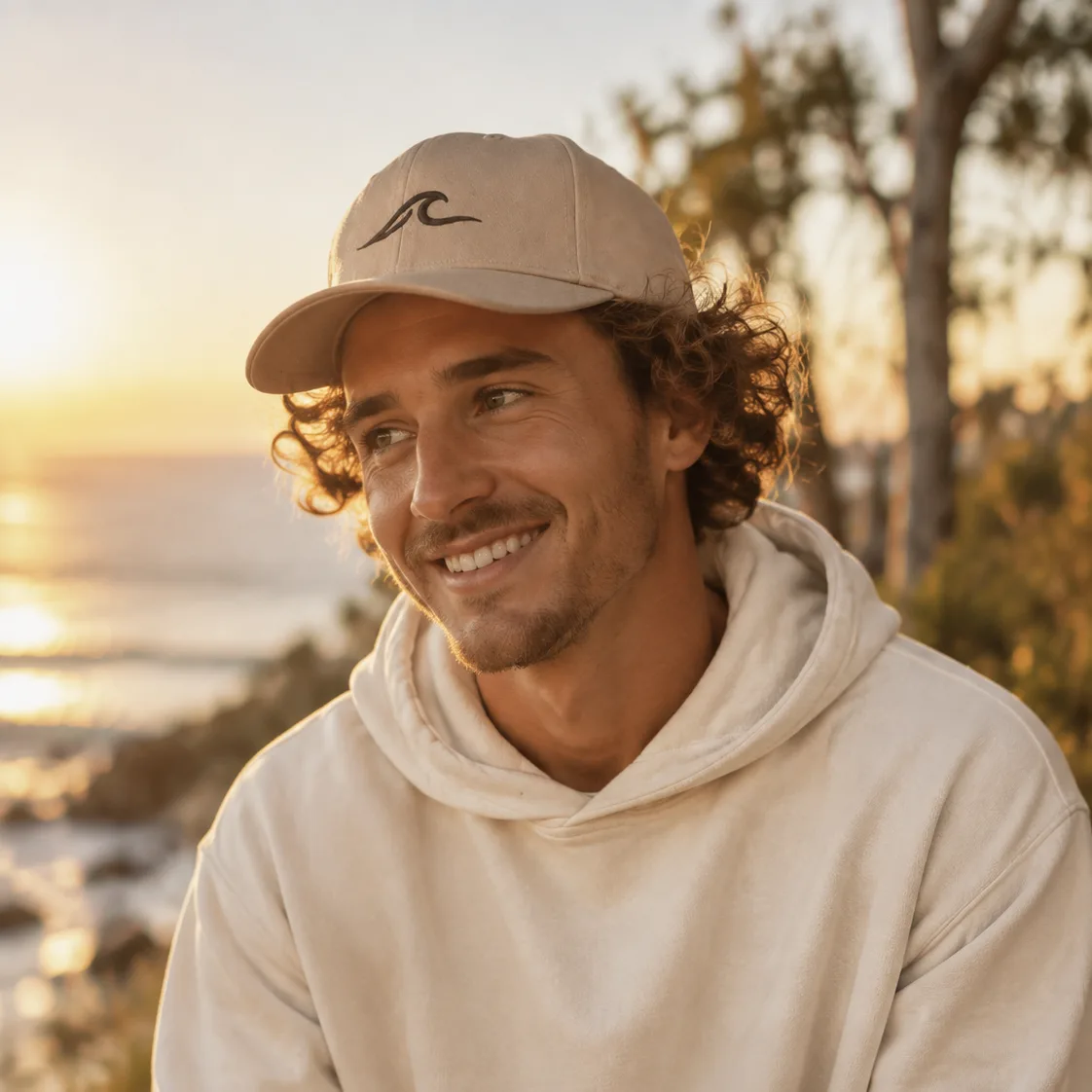 A man smiling on the Burleigh Heads headland at sunset, wearing a cream 28° South hoodie and a tan cap embroidered with the 28° South wave mark, the Gold Coast surf breaking behind him.