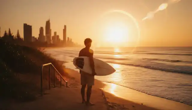 A surfer standing on the beach at Broadbeach, Gold Coast looking towards the Surfers Paradise skyline, capturing the premium Gold Coast lifestyle of Sunny Link™ apparel.