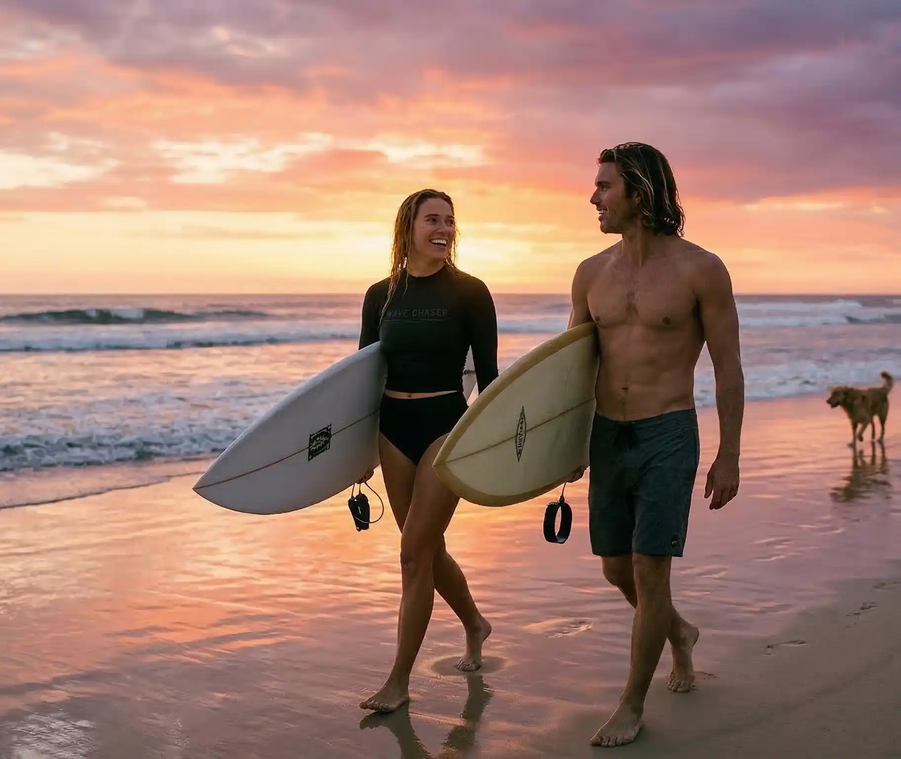 Two surfers walking along a Gold Coast beach at sunset, capturing the coastal high-end lifestyle essence of the Sunny Link apparel range.