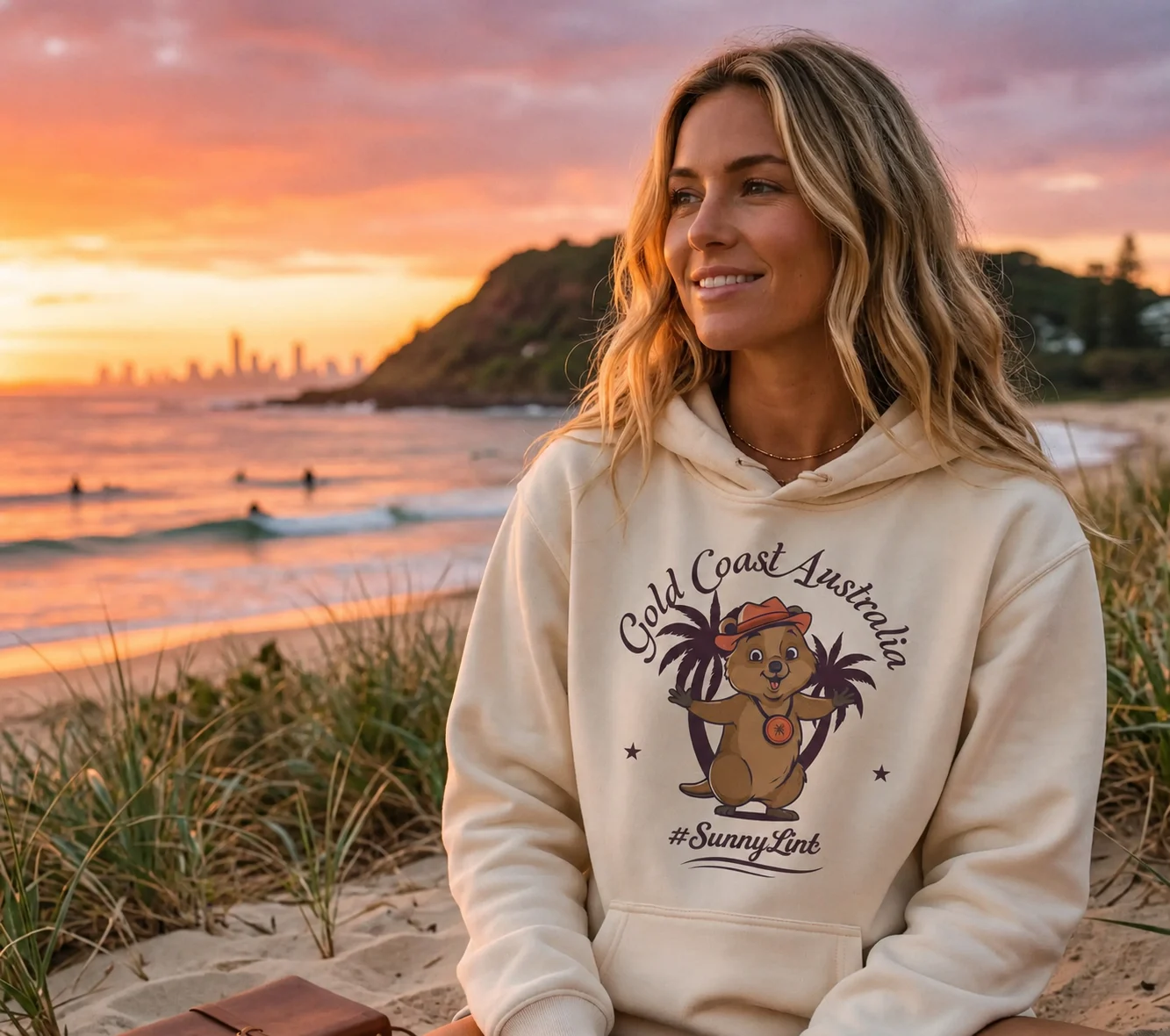 Woman wearing a cream 400gsm Sunny Stretch hoodie with the Gold Coast Australia quokka print, sitting in the dunes at Burleigh Heads as the sun sets behind the Surfers Paradise skyline.