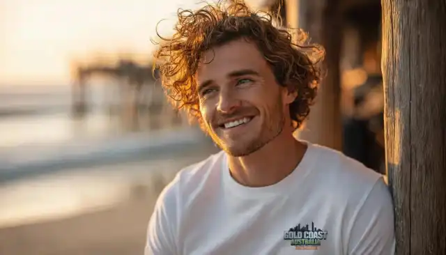 Close-up portrait of a man on a Noosa beach at golden hour wearing a premium cotton Sunny t-shirt from the Sol Seeker collection, representing the relaxed Sunshine Coast lifestyle.
