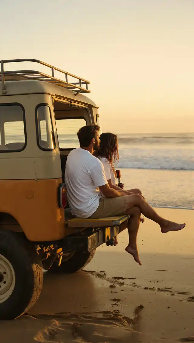 A couple sitting on the tailgate of a 4WD at sunset on a Sunshine Coast beach. They are wearing Sol Seeker apparel and using the Sunny Link™ to unlock exclusive off-road maps and hidden coastal camping rewards