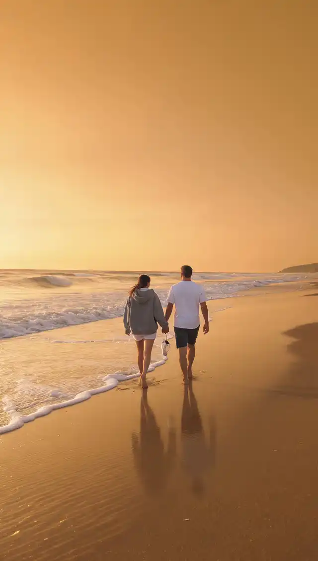 A couple walking along a pristine Sunshine Coast beach in Noosa at golden hour; the woman wears a grey Sol Seeker hoodie while the man wears a premium white Sunny t-shirt.