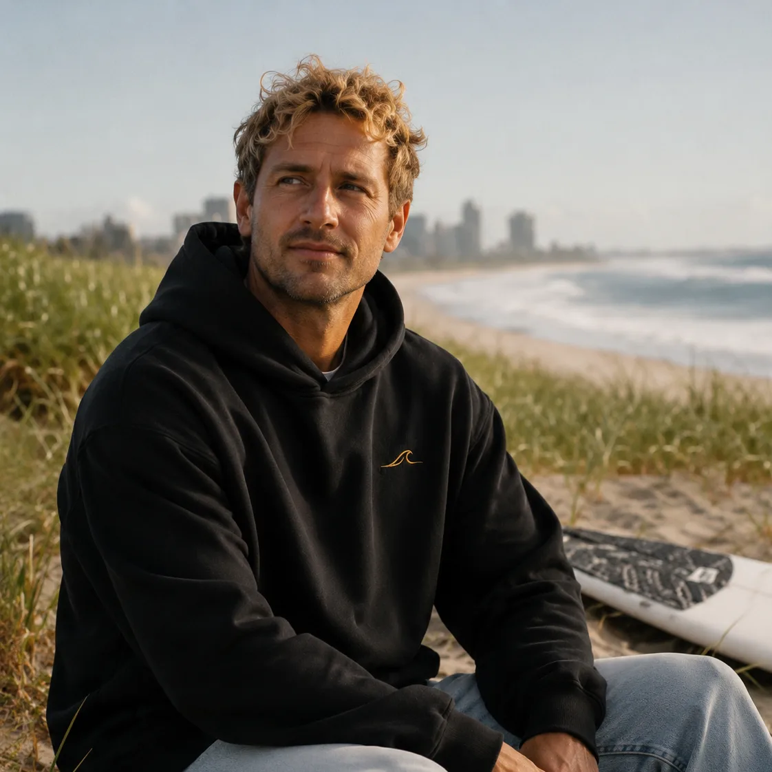 A man sitting in the dunes in a black 28° South hoodie with the gold wave mark on the chest, the Gold Coast skyline and surf behind him.