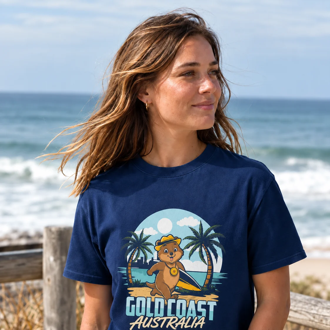 A woman on a Gold Coast beach wearing the Sunny & Co navy tee, printed with Sunny the Quokka carrying a surfboard between two palms above the words Gold Coast Australia.